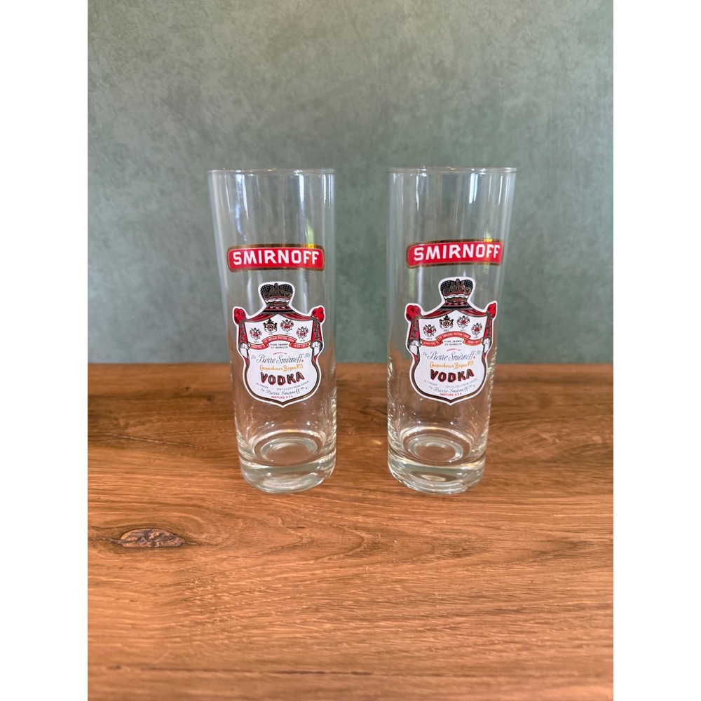 Vintage Smirnoff Vodka Highball Glasses Set of 2 Red White Crest Barware 6.5"